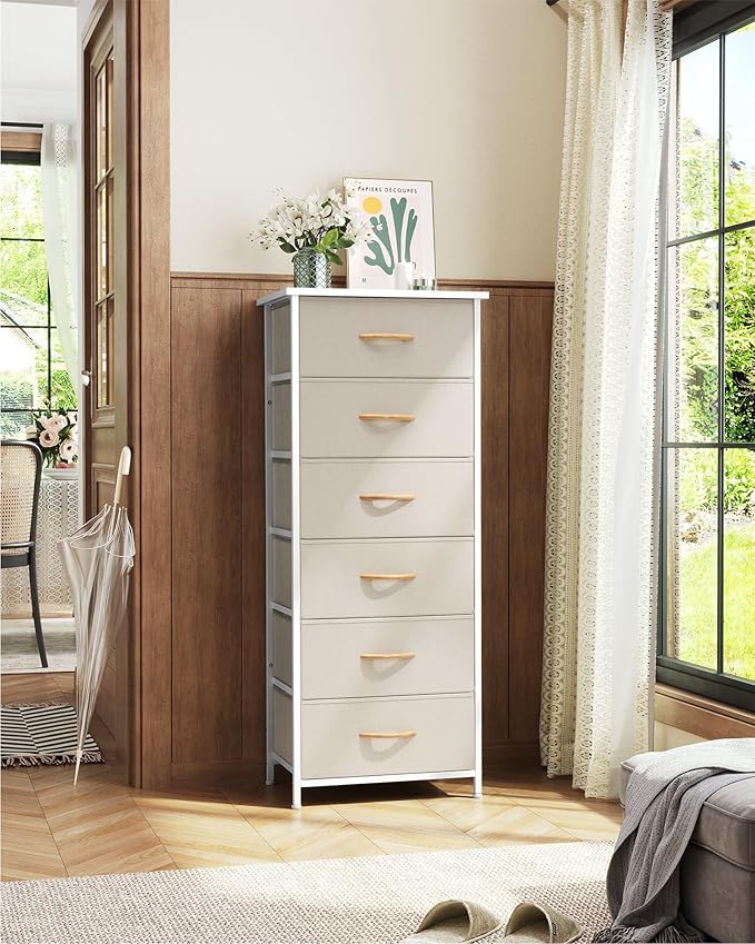 Crestlive Products Tall Dresser for Closet, Vertical Storage Tower - Sturdy Steel Frame, Wood Top, Easy Pull Fabric Bins Handles - Organizer Unit for Bedroom, Hallway, Entryway - 6 Drawers (Beige)
