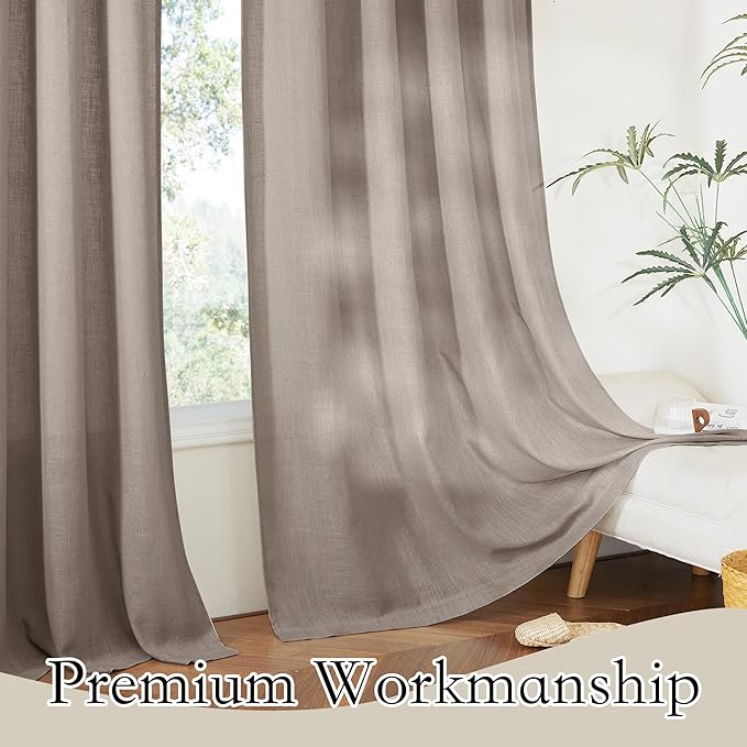RYB HOME Privacy Sheer Curtains - Dual Rod Pocket Semi Sheer Drapes for Living Room, Linen Semi-Translucent Curtains for Bedroom, Birch Brown, 52 Wide x 63 inches Long, 1 Pair
