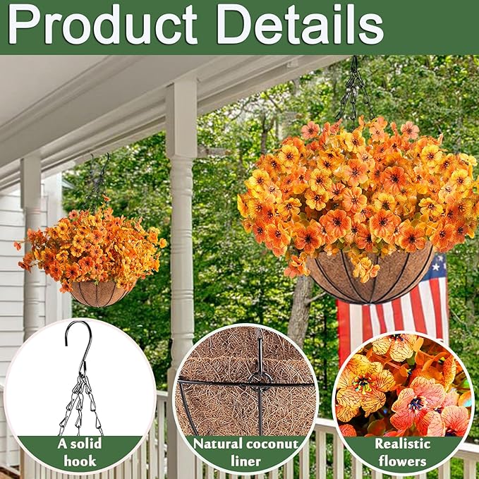 Orgrimmar 2 Pack Artificial Fall Mums Hanging Basket - UV Resistant Fake Hanging Plants with Realistic Silk Mums & Eucalyptus, Coconut Lining Baskets for Home Porch Balcony Patio Yard (Orange)