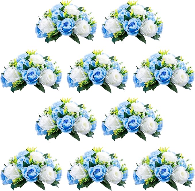 NUPTIO Pcs of 10 Fake Flower Ball Arrangement Bouquet,15 Heads Plastic Roses with Base, Suitable for Our Store's Wedding Centerpiece Flower Rack for Parties Valentine's Day Home Décor (Blue & White)