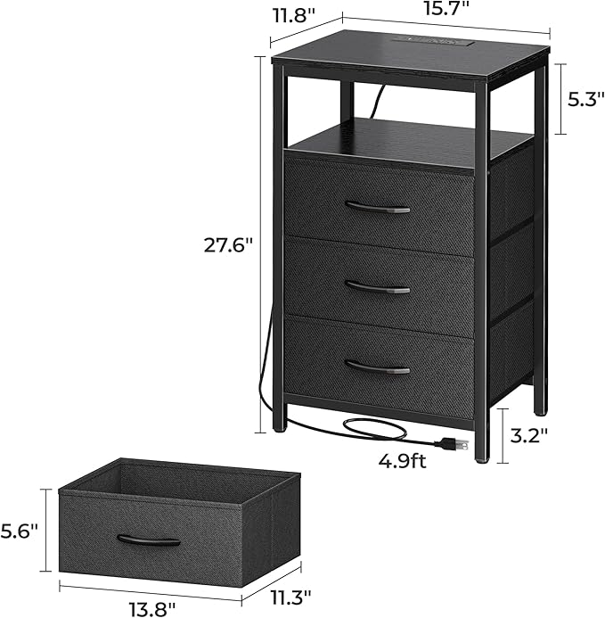 Huuger Nightstand with Charging Station, 27.6 Inch Side Table with Fabric Drawers, End Table Bedside Table with USB Ports and Outlets, Night Stand for Bedroom, Black