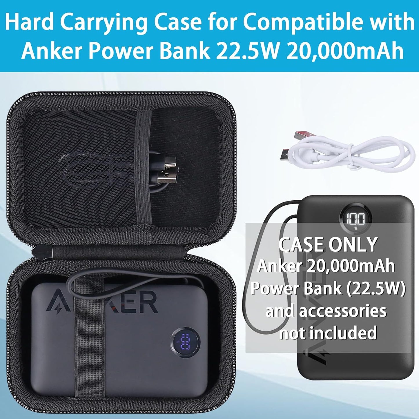 khanka Hard Case for Anker 20,000mAh Portable Charger, 22.5W High-Speed Power Bank with Built-in USB-C Cable
