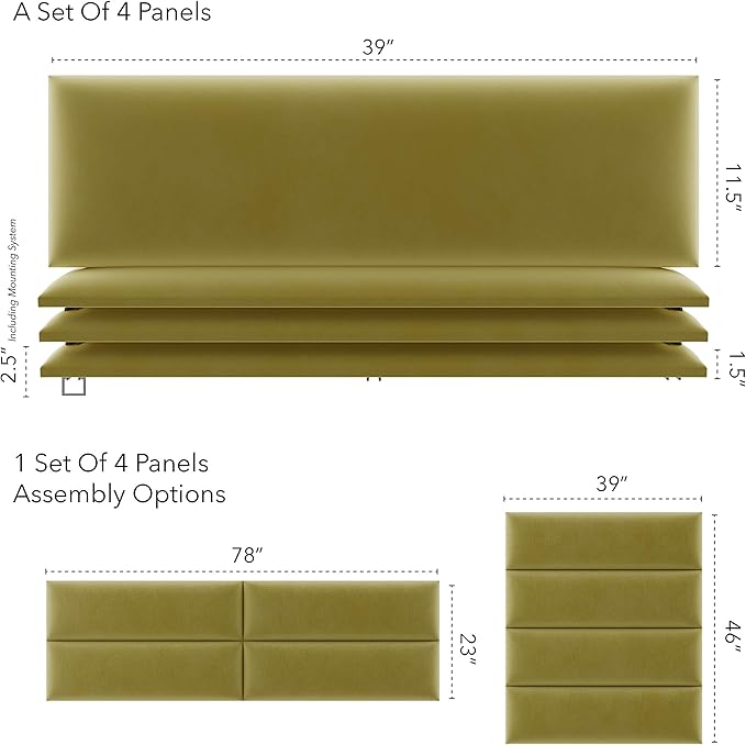 Vänt Upholstered Wall Panels - King/Cal King Size Wall Mounted Velvet Headboards - Velvet Olive Moss - Twin/King - Set of 4 Panels (Each Individual Panel 39"x11.5")