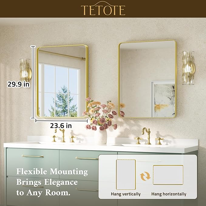 TETOTE 24 x 30 Gold Bathroom Mirror Brushed Gold Metal Framed Vanity Mirror, Tempered Glass, Wall Mounted for Bathroom, Entryway, Bedroom, Living Room(Horizontal/Vertical)