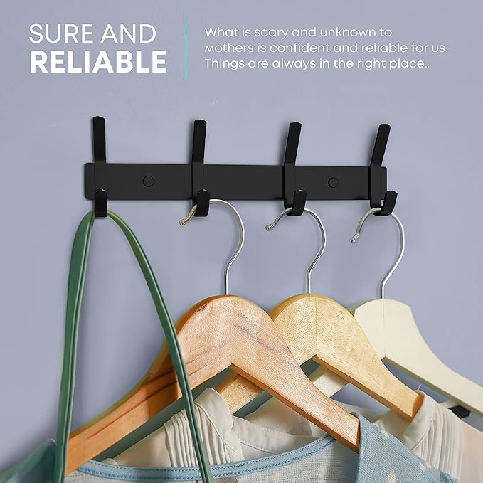 Matte Black Coat Rack Wall Mount – 12 Inch Stainless Steel Hook Rail with 4 Double Coat Hooks – Wall Mounted Entryway Organizer for Coats, Hats, Bags, Towels, Robes, Closet or Bathroom - 2 Pack