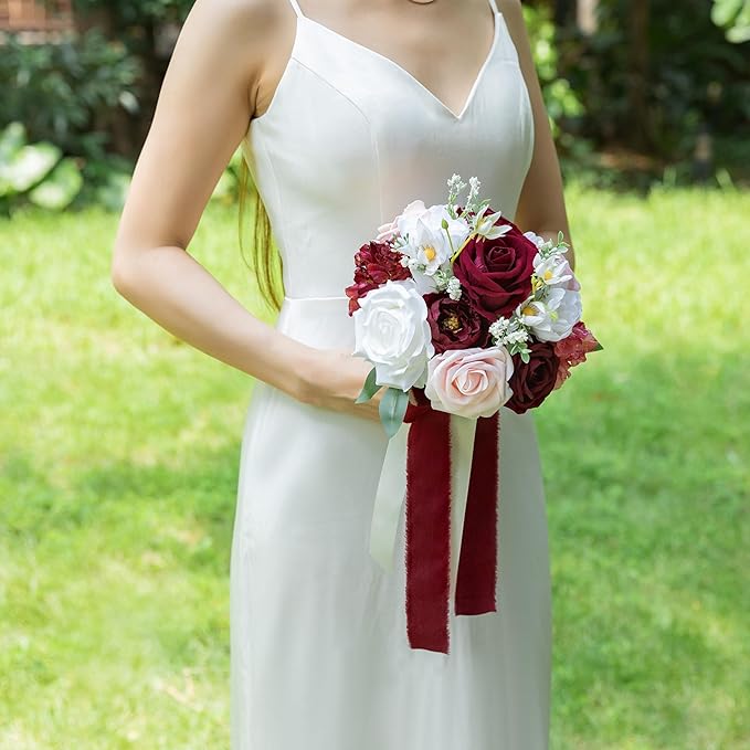 ponatia Burgundy Wedding Bouquets for Bride Bridesmaid, Blush Artificial Prom Flowers Bouquet for Weddings, Ceremony, Anniversary (Burgundy & Blush)