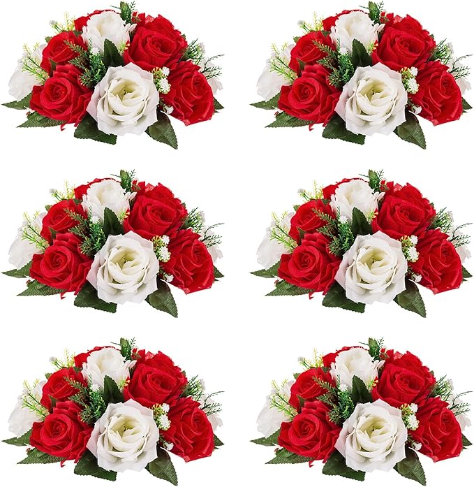 NUPTIO Pcs of 6 Fake Flower Ball Arrangement Bouquet,15 Heads Plastic Roses with Base, Suitable for Our Store's Wedding Centerpiece Flower Rack for Parties Valentine's Day Home Décor (Red & White)