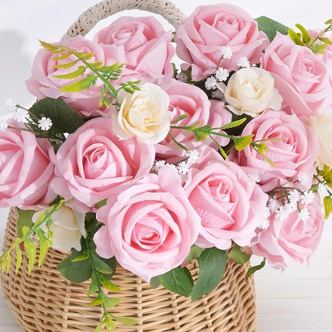 BLEUM CADE 50 Pcs Pink Roses Artificial Flowers, Real Touch Velvet Roses Fake Flowers Bulk, Artificial Roses Bouquet with Long Stems Bridal DIY Wedding Party Centerpiece Decorations