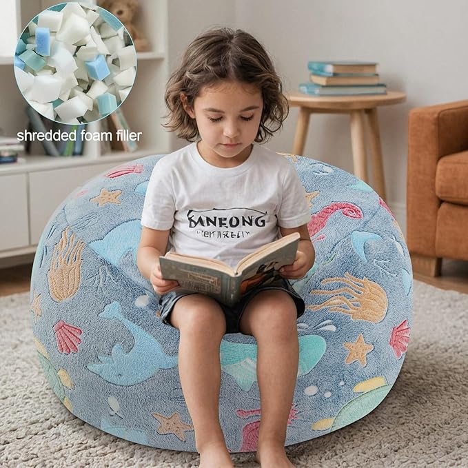 COMAX Kids Bean Bag Chair Turn into Beanbag Bed, Toddler Bean Chair for Girl Boy Sleeping, Lazy Children Bean Bags with Filler, Convertible Child Floor Mattress, Ocean Life