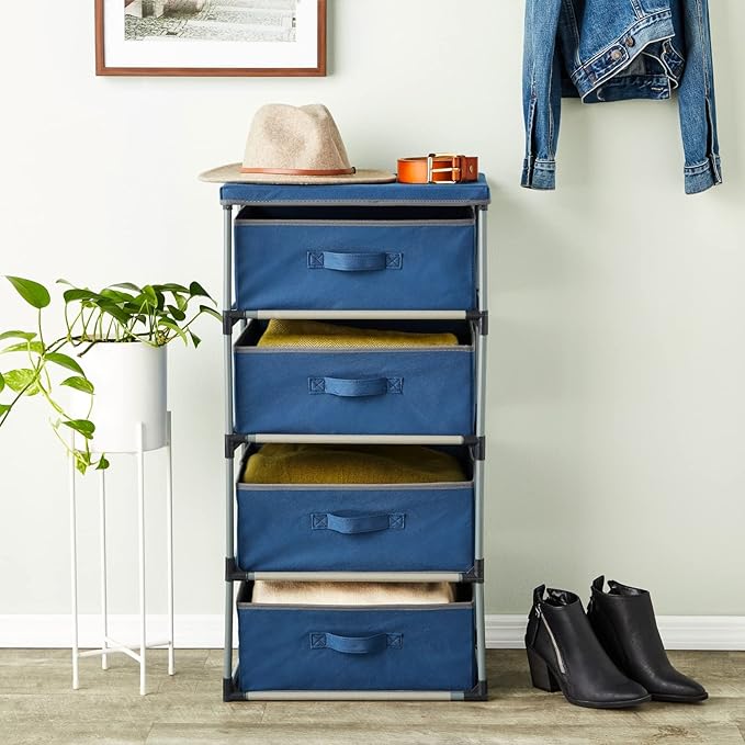 Juvale 4-Tier Tall Dresser with Drawers - 16.5 x 13 x 33 in, Navy Blue - Fabric Storage Drawers & Closet Organizer - Kids Dresser & Bedroom Storage