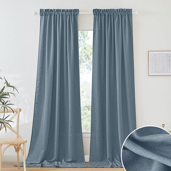 RYB HOME Linen Sheer Curtains 102 inches Long for Living Room Bedroom, Vertical Boho Rustic Home Decor Privacy Semi Sheer for Kids Room, W 52 x L 102 inches, Stone Blue, 2 Panels Set