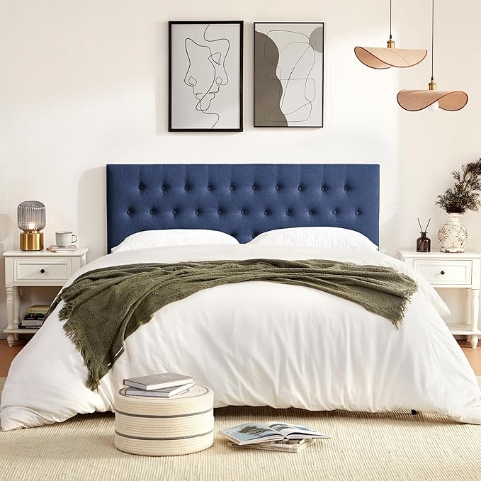 Tufted Upholstered Headboard King Size, Solid Wood Head Board with Durable Metal Legs, Adjustable Height Bed headboard from 37" to 51" Fabric Headboard in Modern Button Design, Blue