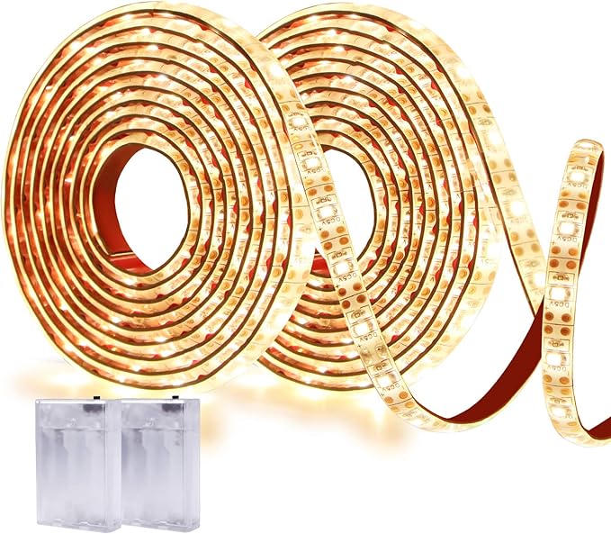 Battery Operated Led Strip Lights - Warm White 3000K, Waterproof, Self-Adhesive, Flexible, Cuttable - 13.2FT for TV, Mirror, Kitchen, Cupboard, Bedroom Decor