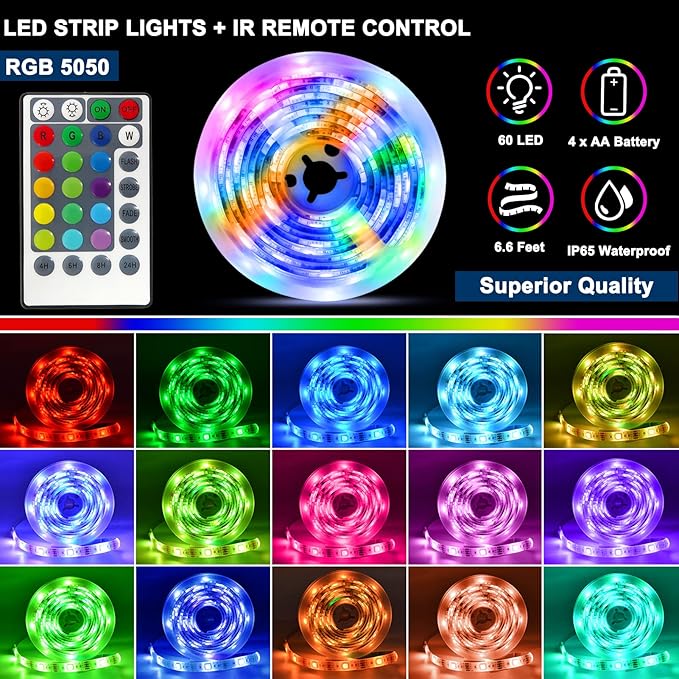 Battery Powered LED Strip Lights RGB, 60 LED 5050 Color Changing TV Backlights with 28-Key Remote Control, Cuttable Outdoor Strip Lights 6.6 Ft Self-adhesive DIY Lights for Skcteboard Bedroom Decor