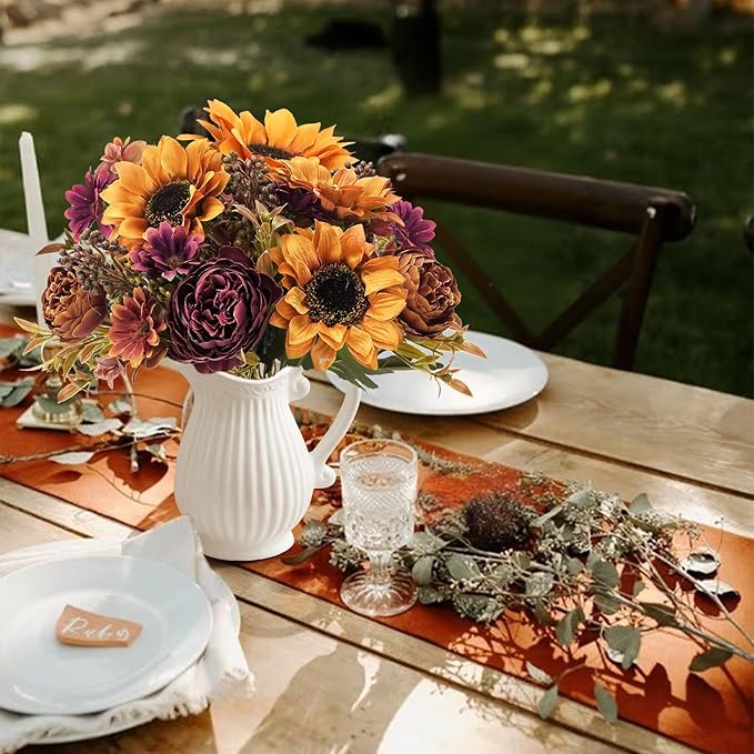 GTIDEA 2 Bundles Fall Flowers Bouquet Vintage Artificial Flowers Fake Sunflowers with Silk Peonies Orange Autumn Flowers for Home Table Centerpieces Wedding Festival Party Decor