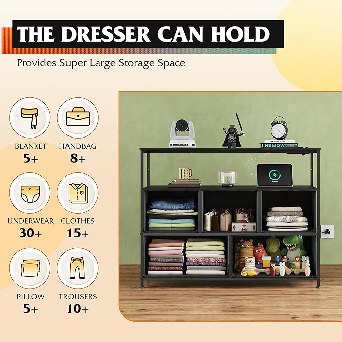 WLIVE Black Dresser for Bedroom, 5 Drawer Dressers with Charging Station, Fabric Chest of Drawers with Open Shelves, Storage Dresser for Living Room, Closet, Entryway