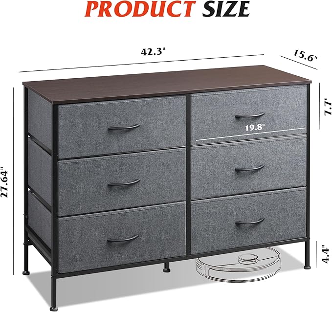 WLIVE Dresser for Bedroom with 6 Drawers, Wide Fabric Dresser TV Stand for 50 Inches TV with Metal Frame, Wooden Top, Fabric Storage Organizer for Livingroom, Hallway, Dark Gray