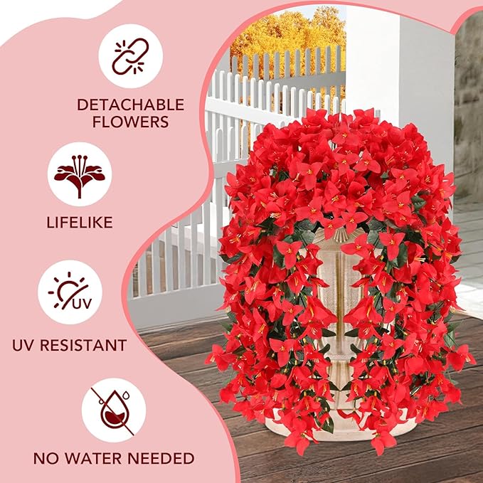 Artificial Bougainvillea Flowers for Outdoor Plant,4 pcs Faux Hanging Flowers Bougainvillea for Outside Decoration,Fake Silk UV Resistant Vines for Front Door Porch(Red)