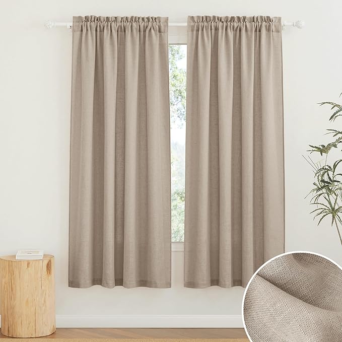 RYB HOME Natural Linen Curtains 84 Inch Length, Light Filtering Home Decor 2 Panels Set for Living Room Bedroom, Vertical Soft Window Treatments for Kitchen Kids Room, Khaki, W 34 x L 84 inches