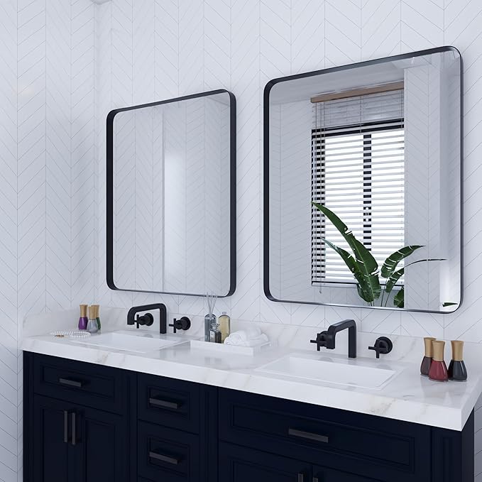 VocalStar 30 x 36 Inch Black Metal Framed Bathroom Mirror for Wall, Rounded Rectangle Metal Framed Bathroom Wall Vanity Mirror Farmhouse, 1/4-inch Shatterproof Glass | Ultra-Flush Hanging