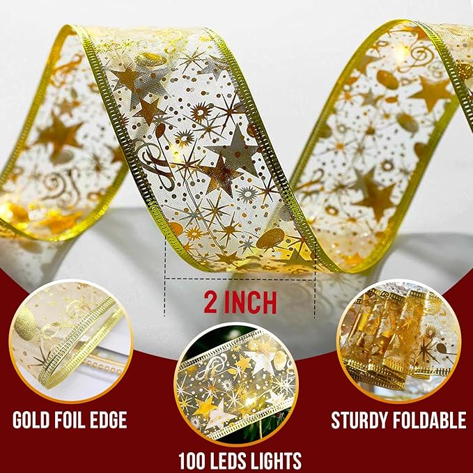 Christmas Ribbon Fairy Lights 33Ft 100 LED String Lights Battery Operated 2In Gold Foil Ribbon with Warm White Twinkle Firefly Lights Indoor Starry Holiday Decoration for Christmas Tree