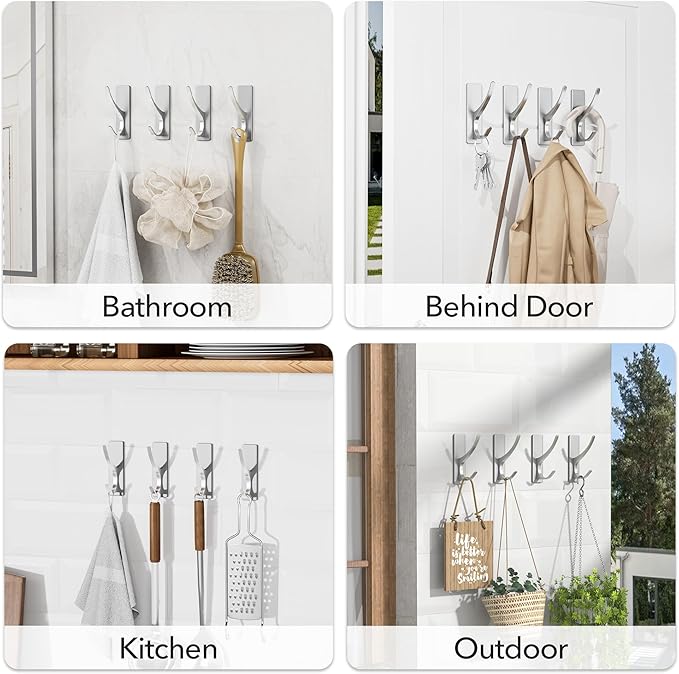 Self-Adhesive Coat Hooks for Hanging - Heavy Duty Stainless Double Wall Hook for Towel, Backpack, Hat, Sturdy Metal Hanger for Bathroom, Bedroom, Door, Wall Mounted, 10-Pack, Silver