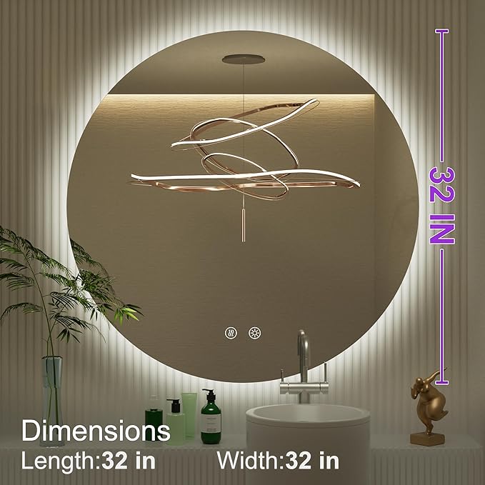 32 Inch Round LED Mirror for Bathroom, Backlit Vanity Round Bathroom Mirror with Lights, LED Lighted, Dimmable, Anti-Fog, Touch, 3000K/4500K/6000K