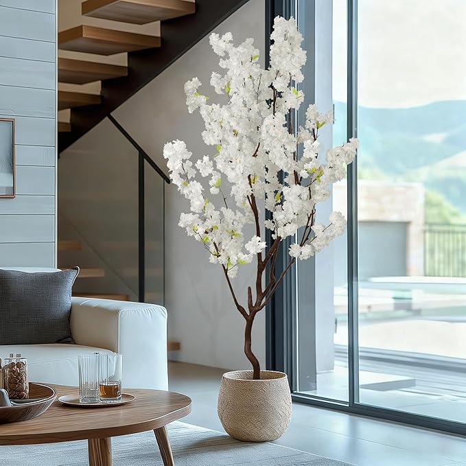 Faux White Cherry Blossom Tree 7ft(84in) Artificial Silk White Flower Tree Lifelike Large Fake Floral Tree for Wedding Realistic Elegant Cherry Sakura Plant in Pot for Home,Living Room,Office Decor