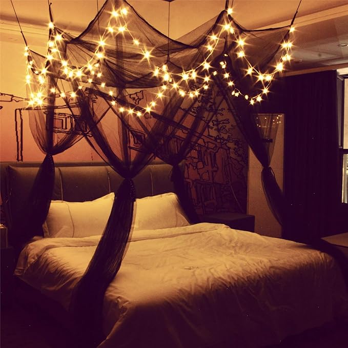 Comtelek 8 Corner Bed Canopy with 100 LED Star String Lights Battery Operated, Bed Netting Unique Style 4 Door Square Canopy Bed Curtains Canopy - Suggested for Twin Full Queen King Bed