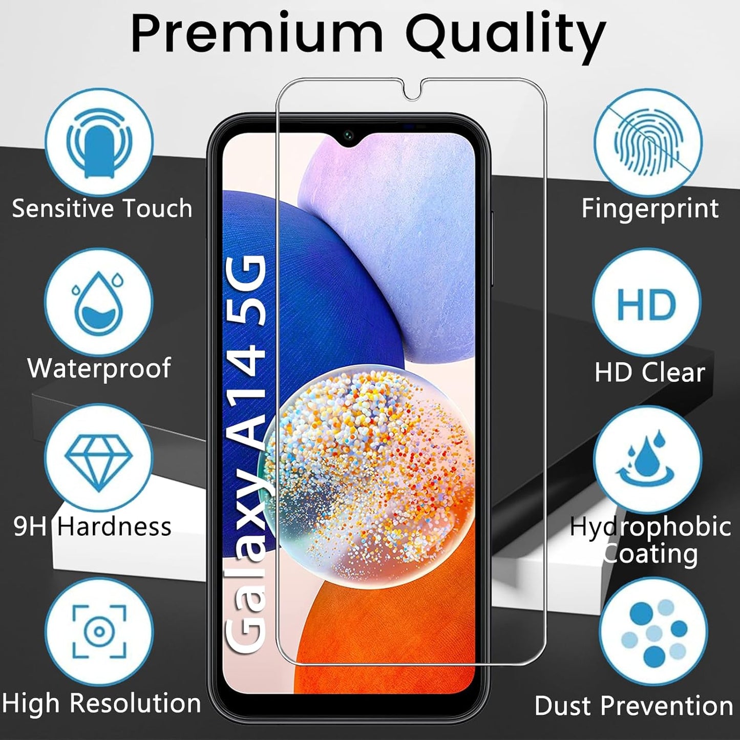 Samsung Galaxy A14 5G Screen Protector 4 Pack with Camera Lens Protectors, Full Coverage, Anti-Fingerprint, Bubble Free.