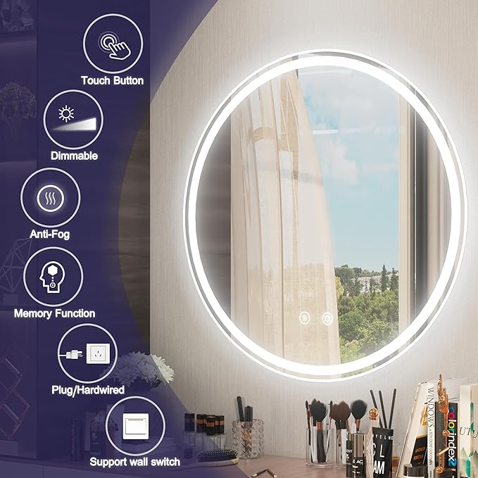 28 Inch Round LED Bathroom Mirror, Front & Backlit Lighted Bathroom Mirror Wall Mounted, 6000K Daylight, Dimmable, Anti-Fog, CRI 90+