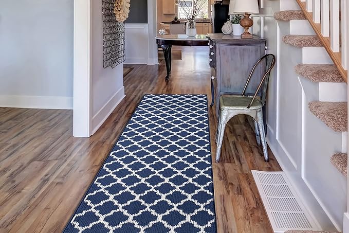 Custom Size Cut to Length Moroccan Trellis Design Runner Rug Mat For Wide Long Hallways with Non-Slip Rubber Backing, Better Traction for Pets, Prevent Slippage, Trellis Navy Blue, 31 inch X 17 feet