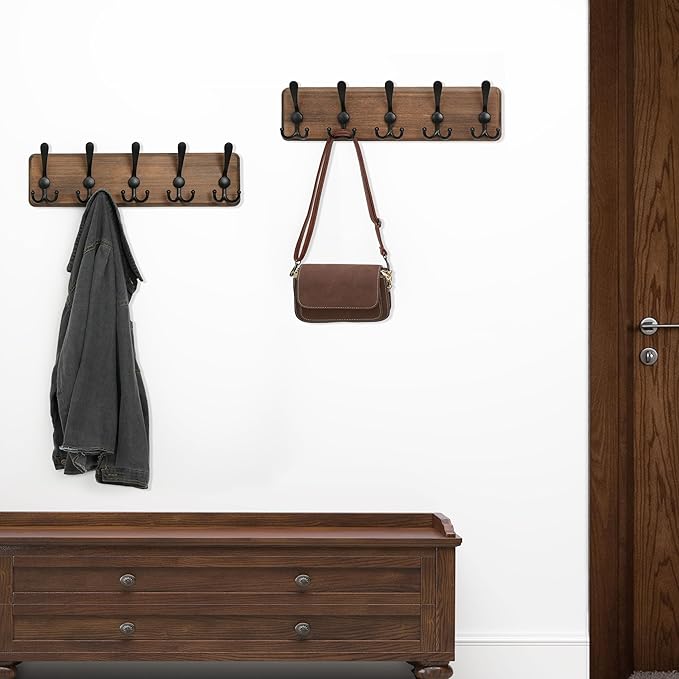 WEBI Rustic Coat Rack Wall Mounted,Wood Coat Hanger Wall,5 Coat Hooks,16" Hole to Hole,Hook Rack Rail,5 Triple Hooks for Hanging Jacket,Clothes,Hats,Entryway,Brown,2 Packs