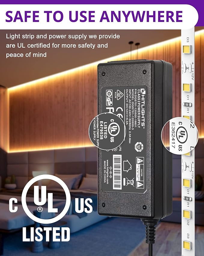 HitLights Warm White LED Strip Lights Kit 3000K, 16.4ft Dimmable Tape Light with Controller, 12V Power Supply, 600 LEDs/Reel, 300LM/Feet, Flexible Rope Lights for Bedroom, Under Cabinet, UL-Listed