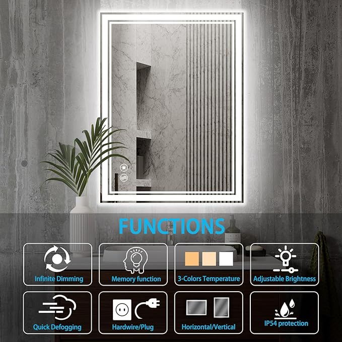 24 x 36'' LED Mirror for Bathroom Anti-Fog Dimmable 3 Colors Stepless Brightness
