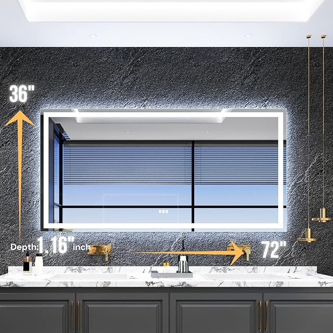 LED Bathroom Mirror 72"x 36",Front Lit and Backlit Bathroom Mirror with Lights,Stepless Dimmable,Anti-Fog, Shatter-Proof, Memory, 3 Colors Lighted Vanity Mirror (Horizontal/Vertical)
