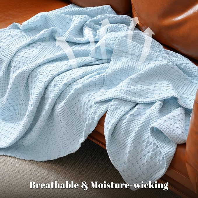 PHF 100% Cotton Waffle Weave Blanket King Size for Bed, Soft Lightweight & Breathable, All-Season Comfort, Luxury Aesthetic Woven Bedding for Home Decor, 108"x90", Baby Blue