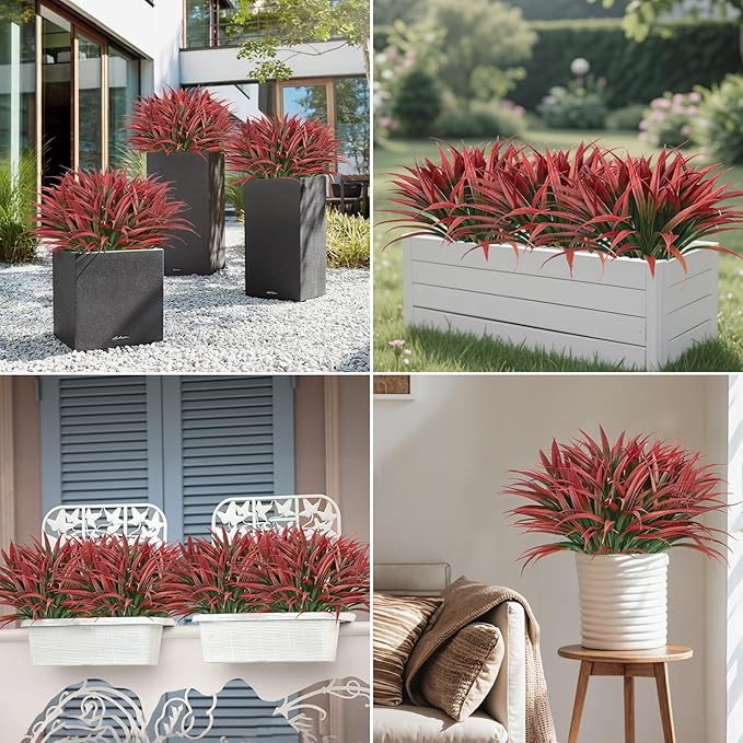 Ouddy Decor 20 Pcs Fake Outdoor Plants Artificial Grass Greenery Stems Faux Plastic Plants UV Resistant for Fall Indoor Outside Garden Hanging Planter Pathway Porch Patio Window Box Home Decor, Red