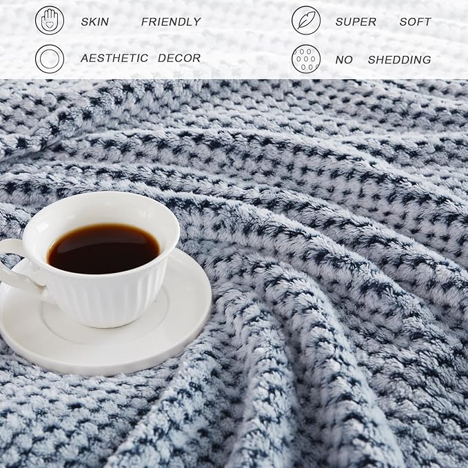 Exclusivo Mezcla Fleece Bed Blanket Queen Size, Super Soft and Warm Blankets for Couch, Sofa and Bed Waffle Textured, Cozy, Fuzzy and Lightweight (Mixed Navy Blue, 90x90 Inches)