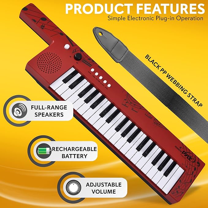 Pyle Digital Musical Keyboard 37 Keys, Electronic Karaoke Keytar with Wired Microphone, 4 Preset Selectable Tones, 4 Audio Rhythms, AUX Input, Rechargeable, Fun for Kids and All Ages