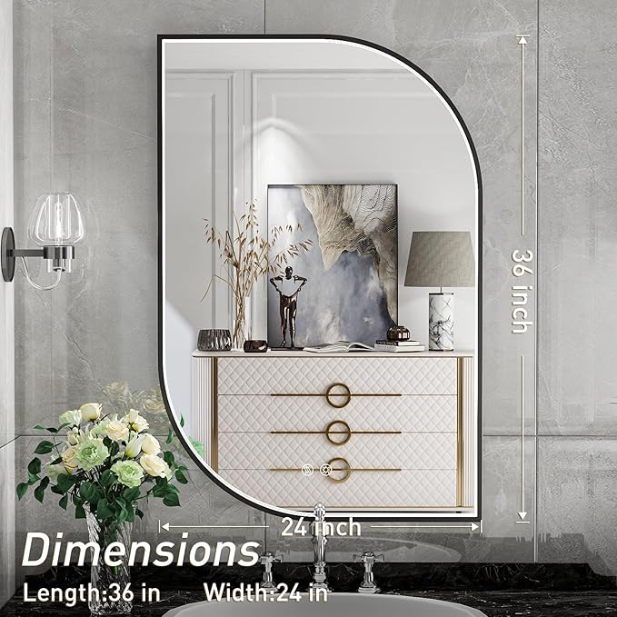 24X36 Inch LED Bathroom Mirror with Lights,Black Frame Lighted Irregular Wall Mirror,Asymmetrical Vanity Mirror,Anti-Fog,Dimmable