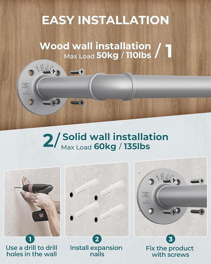 OROPY Industrial Pipe Clothes Rack Wall Mounted Set of 2, 38.4 inches Heavy Duty Iron Pipe Clothing Garment Rail, Multi-Purpose Clothing Hanging Rod for Laundry Room and Closet Storage, Silver Gray