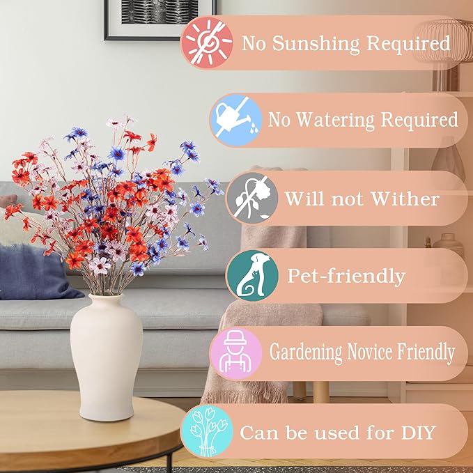 Artificial Flowers with Stems, 6 Pcs Long Stem Fake Flower Vase Filler Arrangements for Wedding Home Party Indoor Decor, Vase Not Included