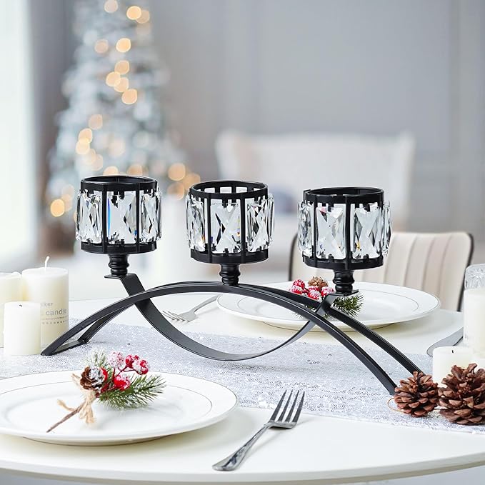 Black 3-Arm Crystal Candle Holders Arched - Elegant Tabletop Candelabra Centerpiece for Weddings, Dining Room Decor, Modern Home & Cabinet Display Housewarming