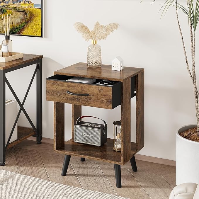 GYIIYUO Nightstand Set of 2 with Fabric Drawers and Open Shelves, Bedside Table Set - Dark Rustic Brown Bedroom Side Tables
