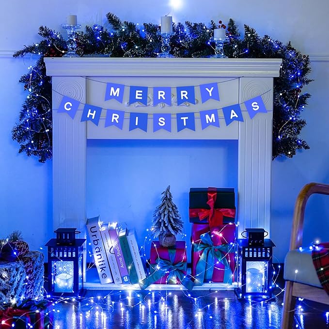 JMEXSUSS 4 Pack 50 LED Fairy Lights Battery Operated Silver Wire 16.1ft Waterproof Blue & White Twinkle Lights for Gifts Party Wedding Christmas Indoor Outdoor Decorations