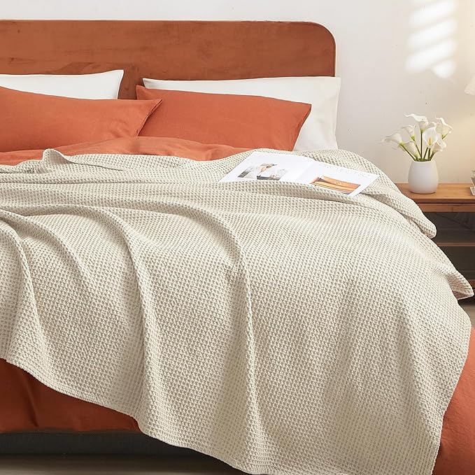 PHF 100% Cotton Waffle Weave Blanket King Size for Bed,Snag Proof Lightweight Breathable Moisture-Wicking Throw for Couch,Great for Layering in Cold Weather,Machine Washable,Home Decor Gift-Linen