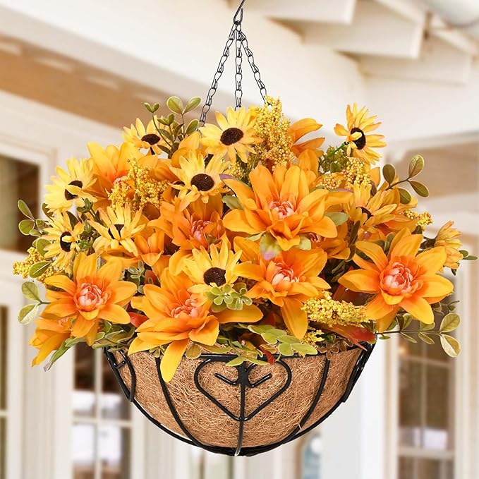 Waipfaru Artificial Fake Fall Hanging Mums Plants Flowers Basket for Outdoor, Faux Mums Floral Hanging Plant in Hang Planter Look Real UV Resistant for Porch Patio Balcony Yard Outdoor Decor (1Pcs)