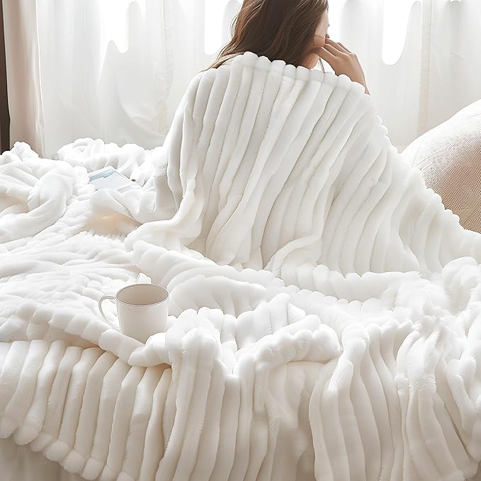 Bedsure GentleSoft Blankets Queen Size for Bed - Cozy Soft Sofa Couch Cover Blankets for Women, Cute Large Bedding Fleece Throws for Girls, Off White, 90x90 Inches