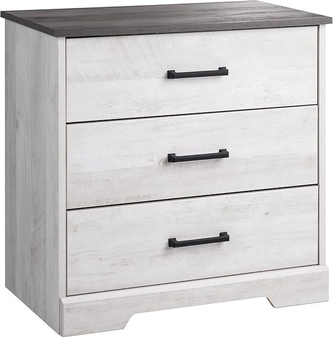 Prepac Rustic Ridge Farmhouse 3-Drawer Nightstand, Chest of Drawers for Bedroom, Wooden Bedroom Dresser with 3 Storage Drawers, 16.25in x 27.5in x 26.75in, Washed White